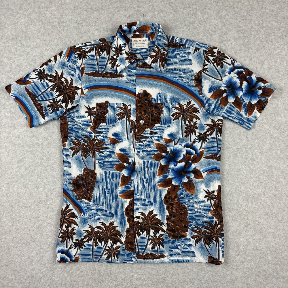 Vintage 60s 70s Hawaiian Shirt Mens Small Blue Floral Vacation Resort Aloha Surf